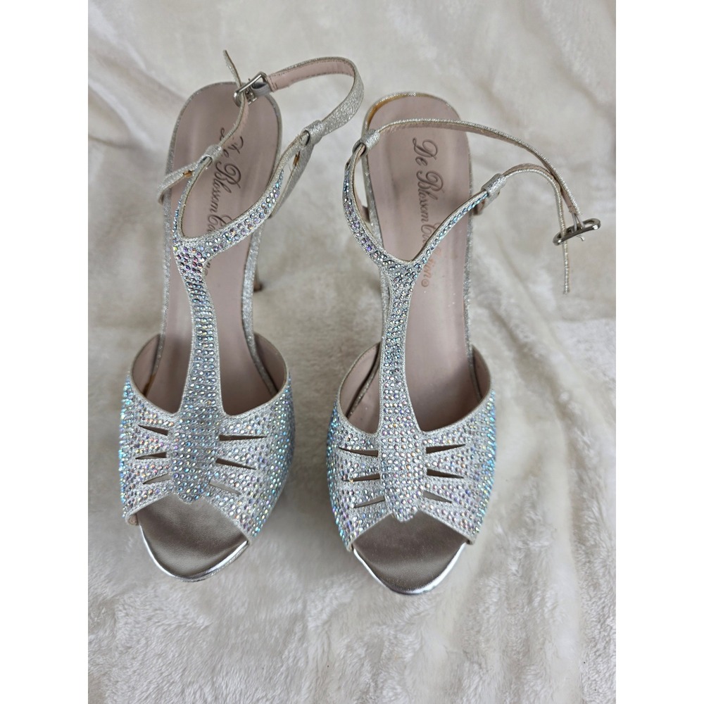 De Blossom Collection Silver Glitter Rhinestone‎ T Strap Heels Women